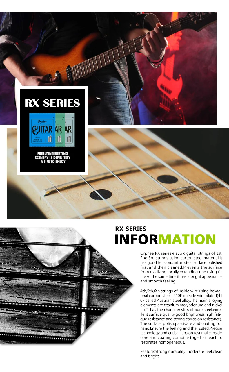 Orphee Electric Guitar Strings Set RX Series Hexagonal Carbon Steel 6 String for Electric Guitar Accessories Practice Use