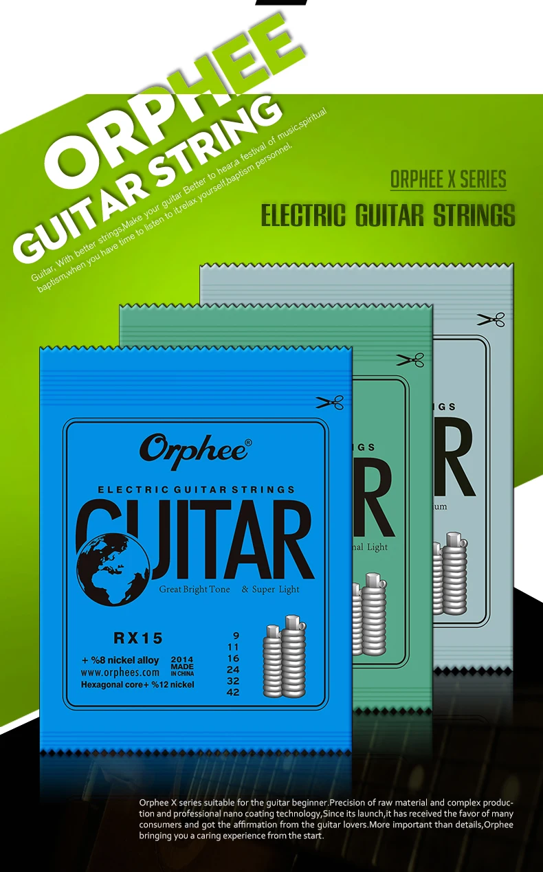 Orphee Electric Guitar Strings Set RX Series Hexagonal Carbon Steel 6 String for Electric Guitar Accessories Practice Use