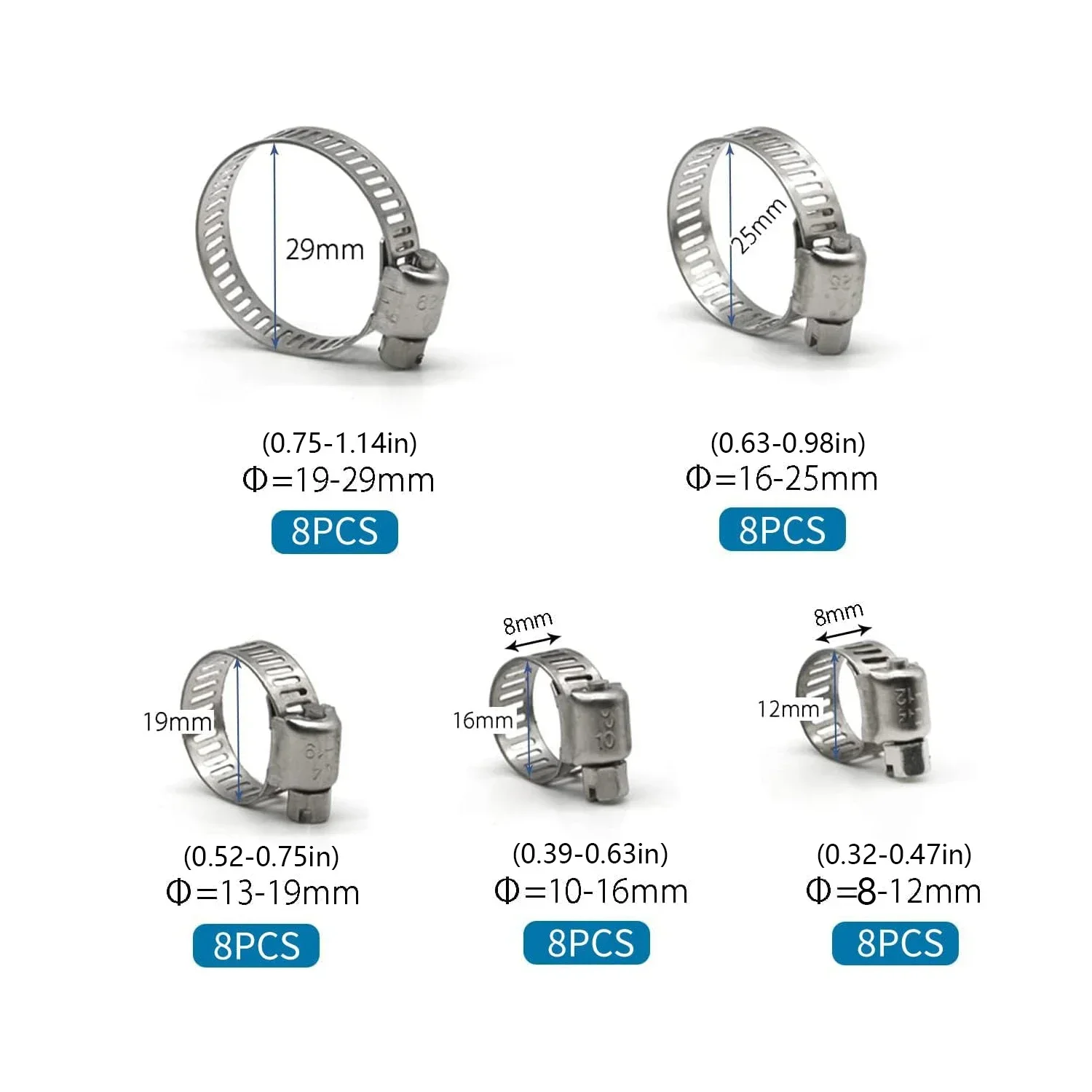 40pcs box-packed 8-29mm stainless steel American style throat clamp box clamp combination clamp ring clamp ring joint