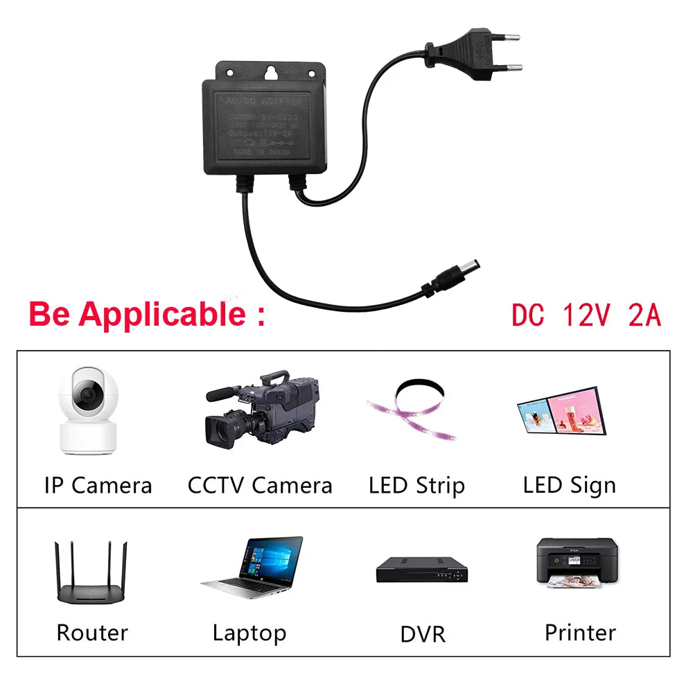 2pcs DC12V 2A EU Plug Power Adapter Waterproof Black For CCTV Security Surveillance AHD Camera Charger NVR DVR Input AC100V-240V