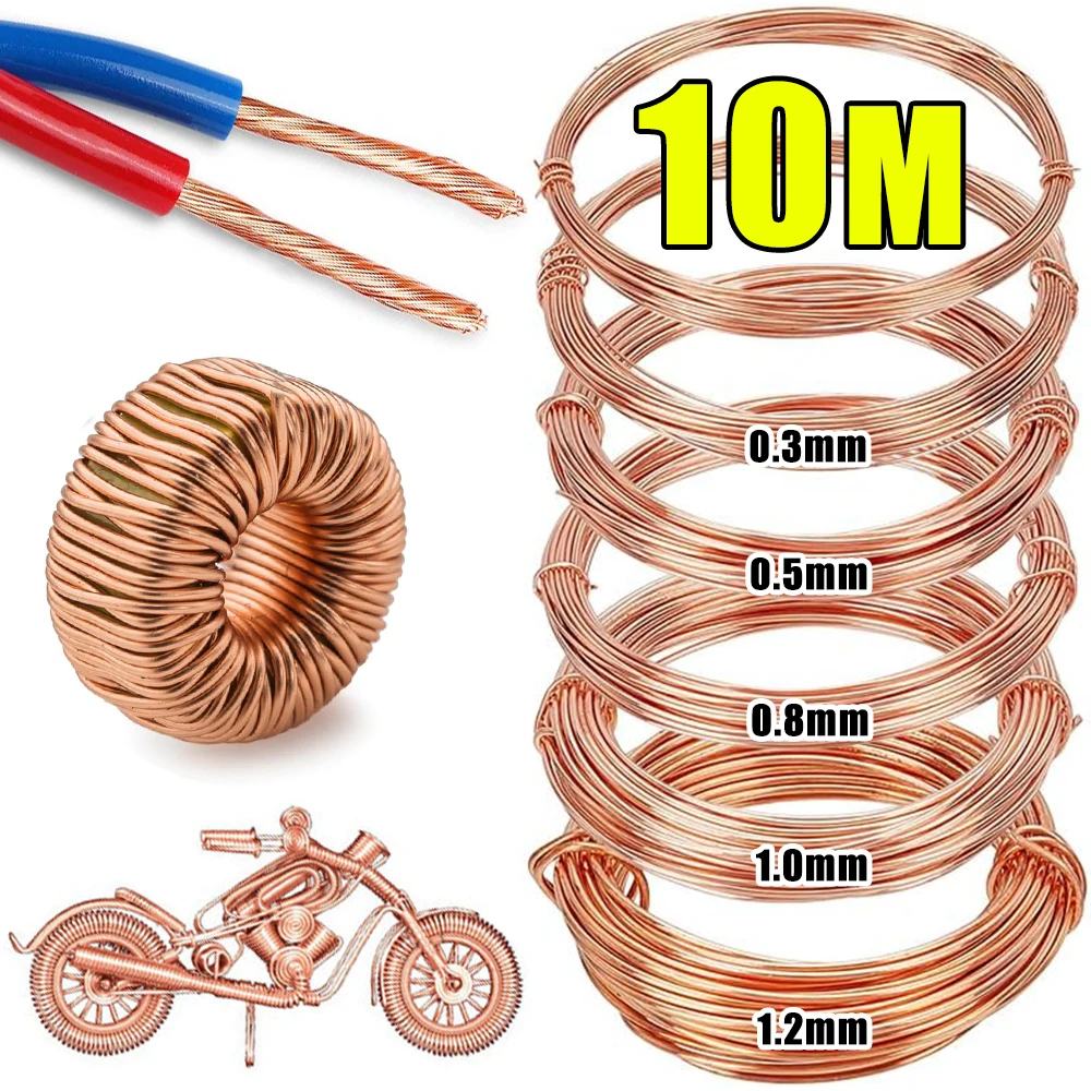 10M T2 Pure Copper Wire Round Coil Conductive Bare Copper Cable Wires for Electric Wire DIY Craft 0.3/0.5/0.8/1/1.2mm