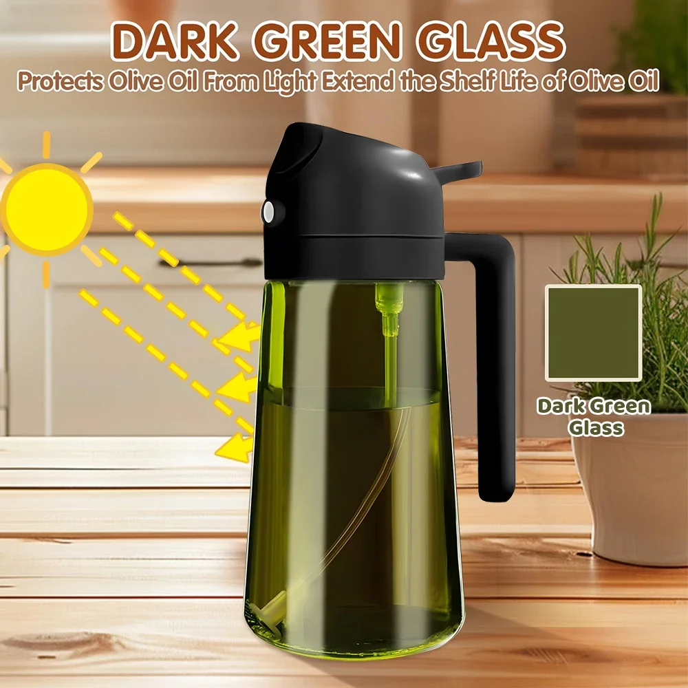 470ML/16oz Light-Blocking Dark Oil Sprayer for Cooking 2 in 1 Olive Oil Dispenser Bottle for Kitchen Dark Green Glass Oil Bottle