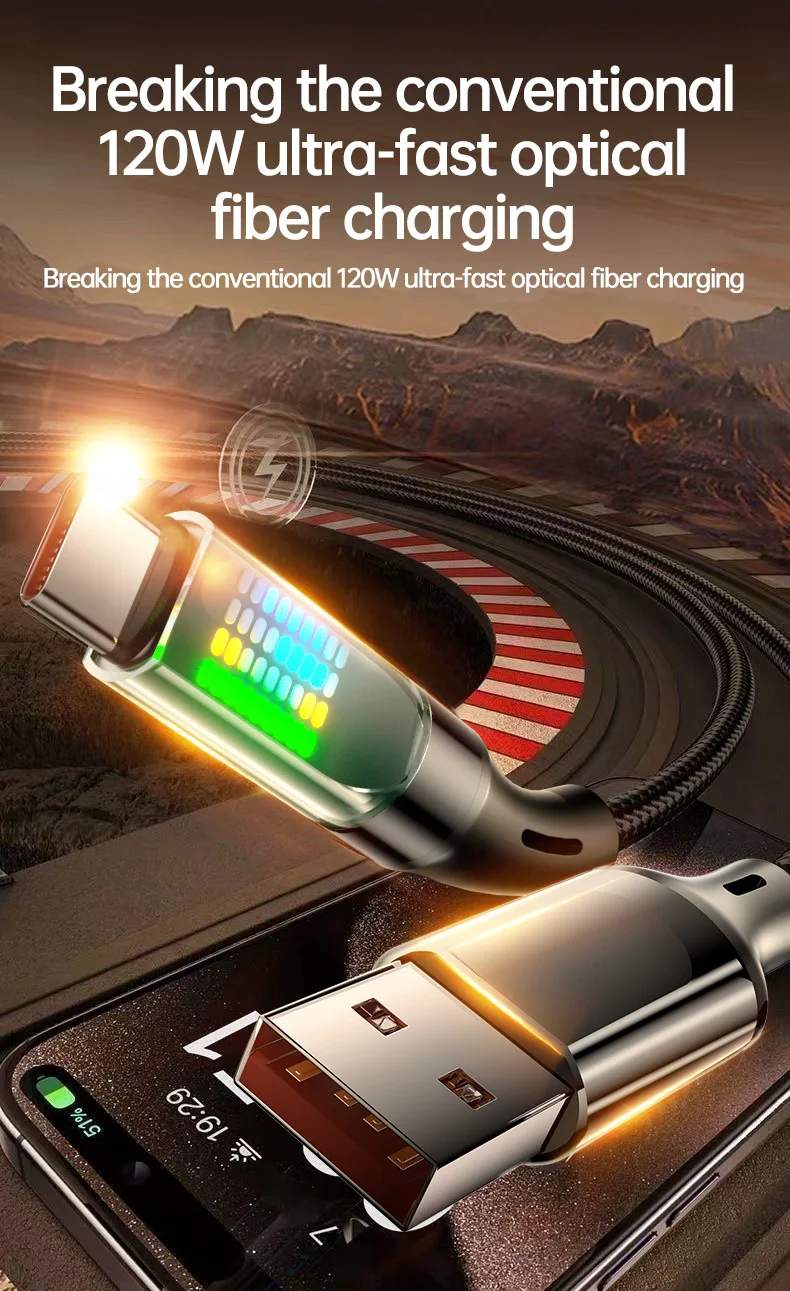 OOZCC 120W Type C Fast Charging Cable 6A USBA to Type C Nylon Data Cord for Xiaomi Samsung With Led Display USB C Cable