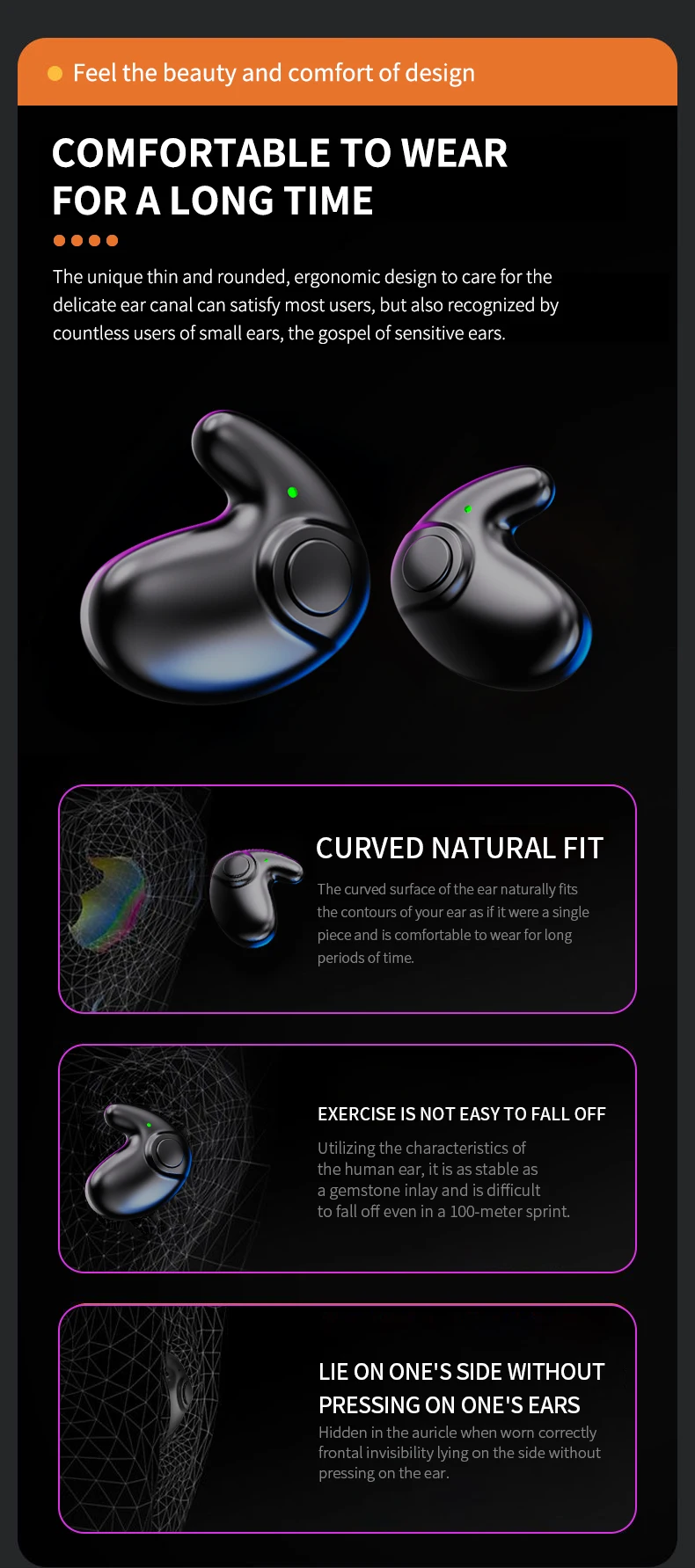 Waterproof Wireless Bluetooth 5.3 Headsets Mini headset Painless Call Noise Cancelling Thin Headphones Fit for Sleeping/Sports