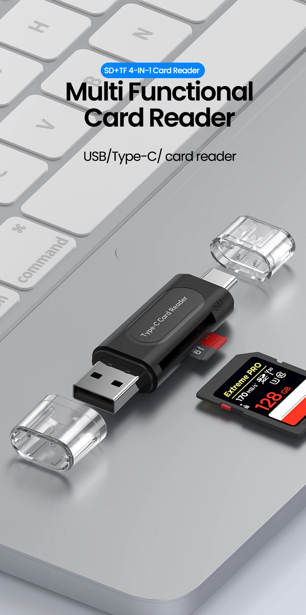 4-in-1 Multifunction USB TYPE-C Card Reader External Storage Black Stretch for Memory Stick USB 2.0 Mini SD TF Card Reader