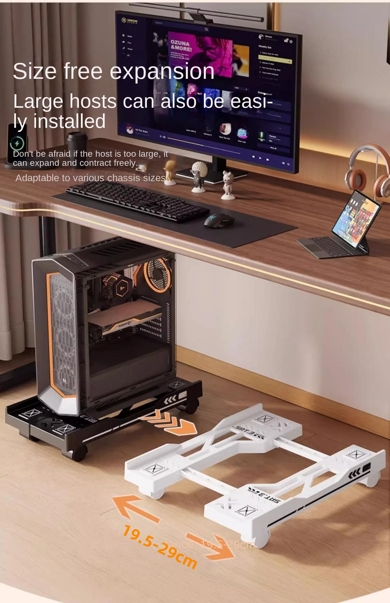 New CPU Stand Adjustable Bracket PC Holder Cart Mobile Computer Tower Stand with Rolling Caster Wheels Adjustable Desktop Stand