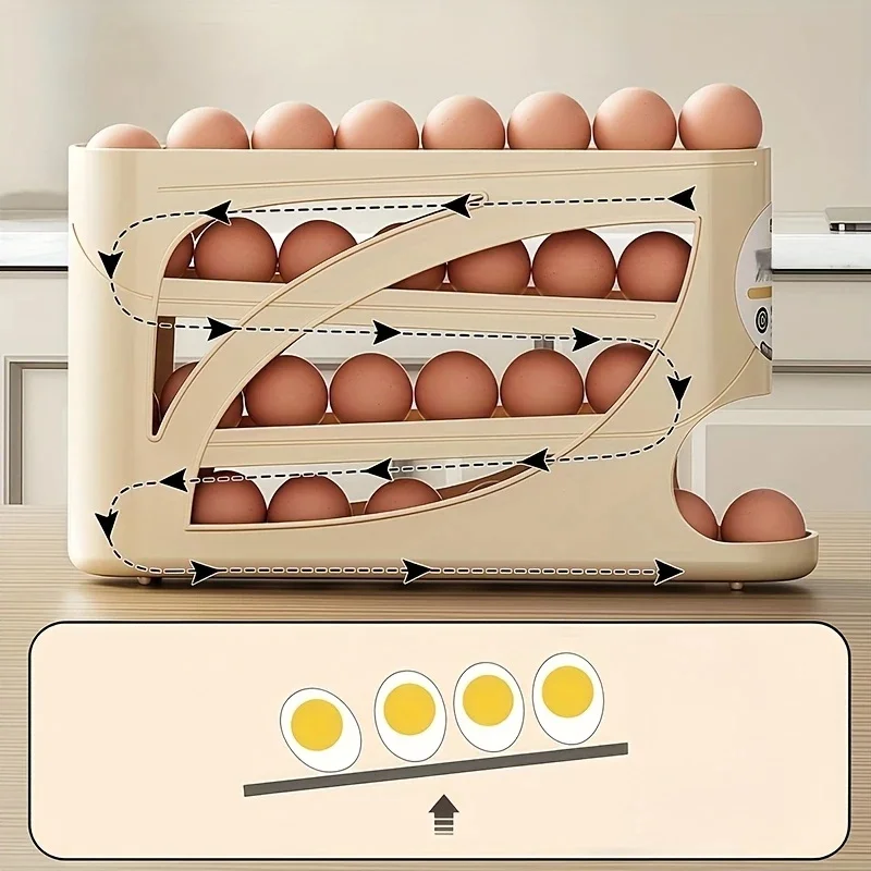 3-Tier Rolling Egg Storage Container for Refrigerator Holds 24 Eggs Organizer Rack Large Capacity Kitchen & Fridge Storage Box