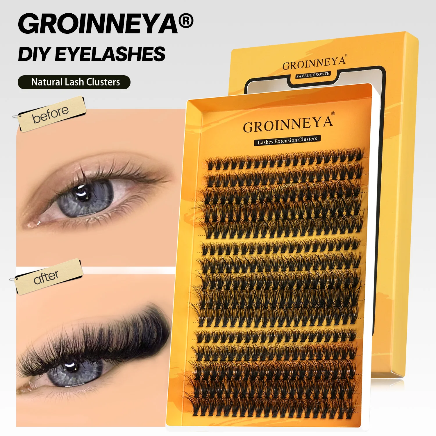 GROINNEYA Cluster Lashes DIY Eyelash Extension C Curl Long Individual Lashes Mixed Tray Faux Mink Lash Clusters Extensions