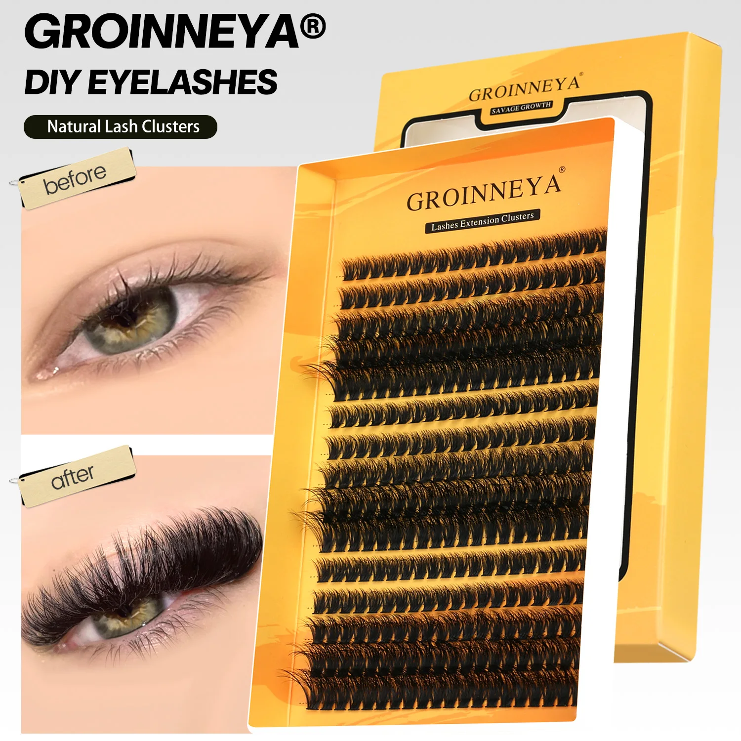 GROINNEYA Cluster Lashes DIY Eyelash Extension C Curl Long Individual Lashes Mixed Tray Faux Mink Lash Clusters Extensions
