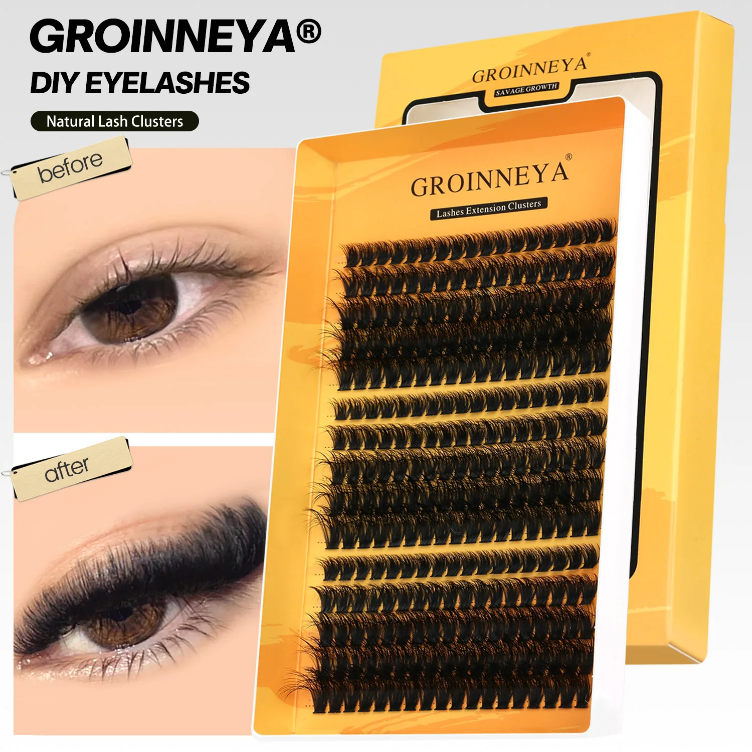 GROINNEYA Cluster Lashes DIY Eyelash Extension C Curl Long Individual Lashes Mixed Tray Faux Mink Lash Clusters Extensions