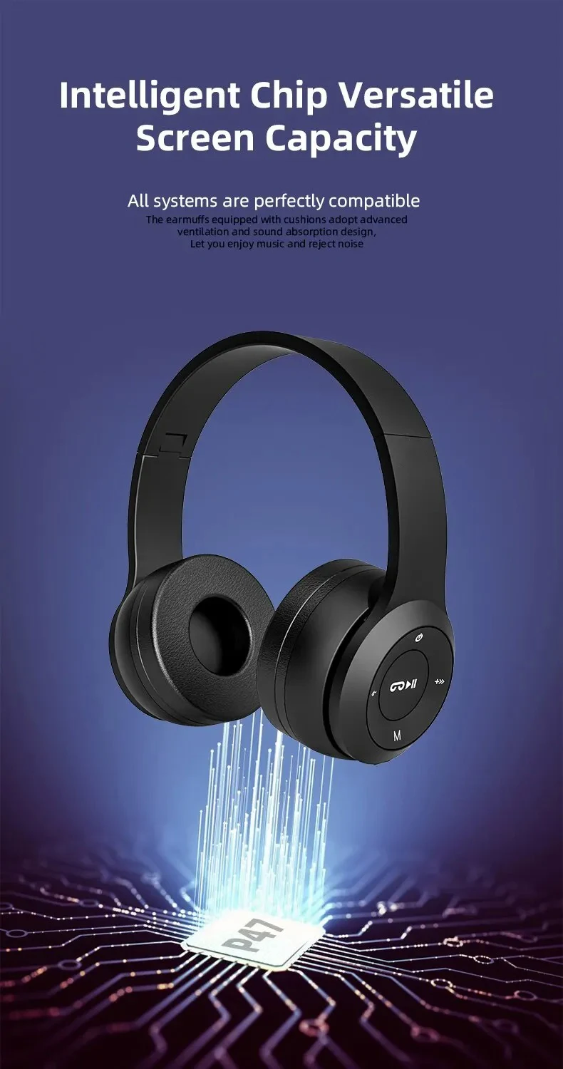 Handsfree Wireless Headphones Noise Canceling Headphone Earphone P47 Headset Bluetooth Head Phone for iPhone Huawei Samsung S22