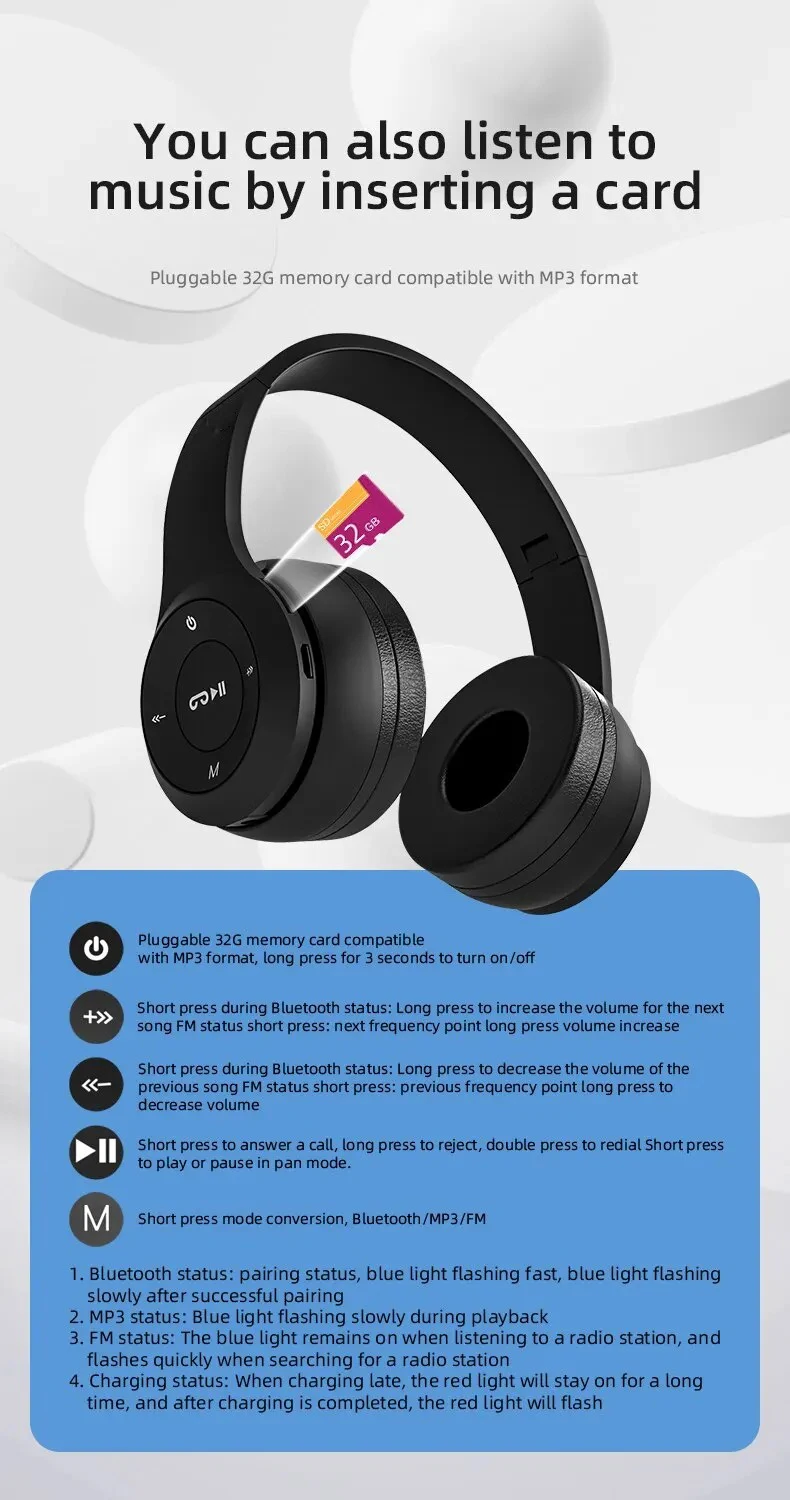 Handsfree Wireless Headphones Noise Canceling Headphone Earphone P47 Headset Bluetooth Head Phone for iPhone Huawei Samsung S22