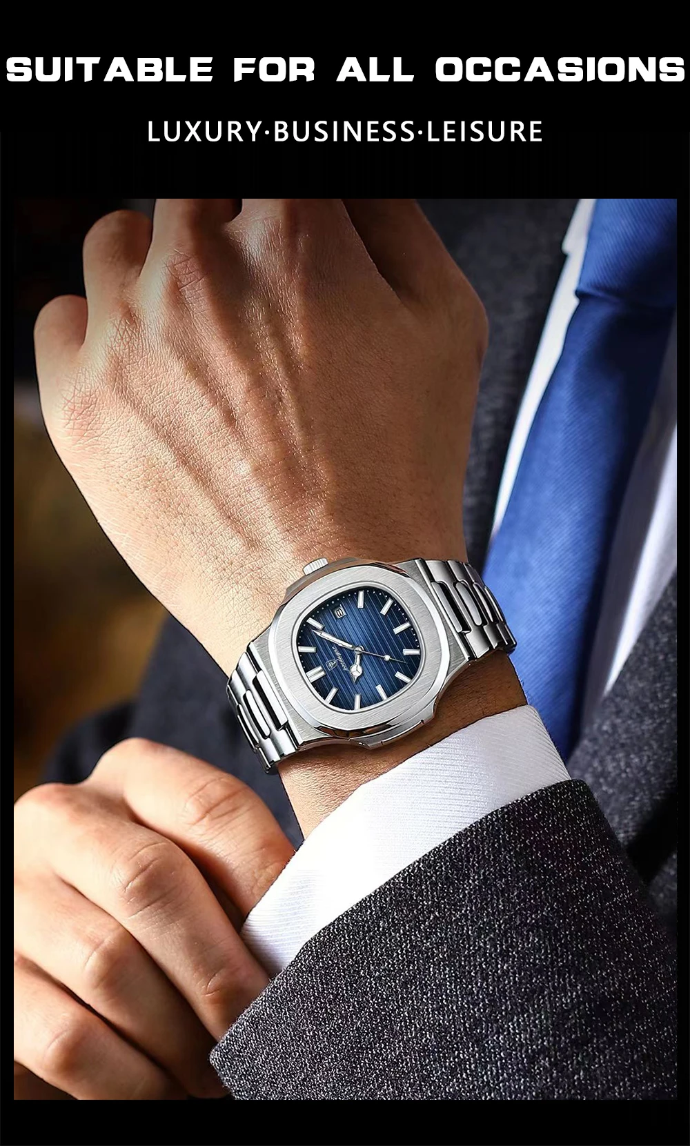 POEDAGAR Square Luxury Men Wristwatch Waterproof Luminous Date Stainless Steel Male Clock Business Sports Quartz Watches For Men
