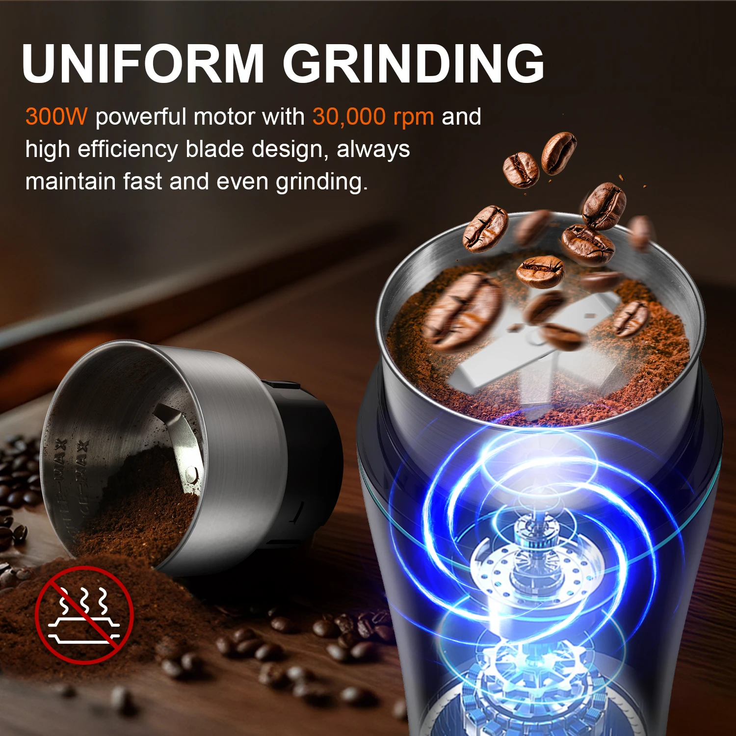 Professional Coffee Grinder with Removable Stainless Steel Cup Coffee Beans Grinder for Spices Herb Grain Mill for Kitchen 300W