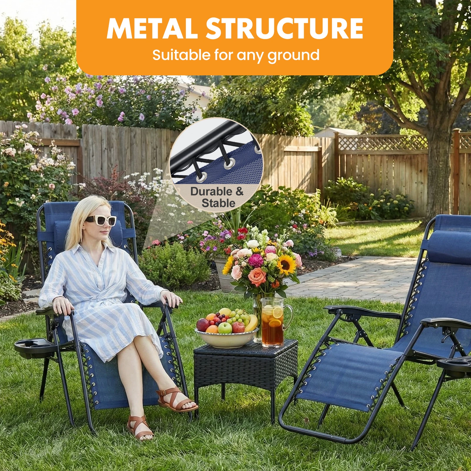 MCQ Outdoor Zero Gravity Chairs Set of 2 Folding Recliner Beach Camping Patio Lounge Chair with Cup Holder and Adjustable Pillow
