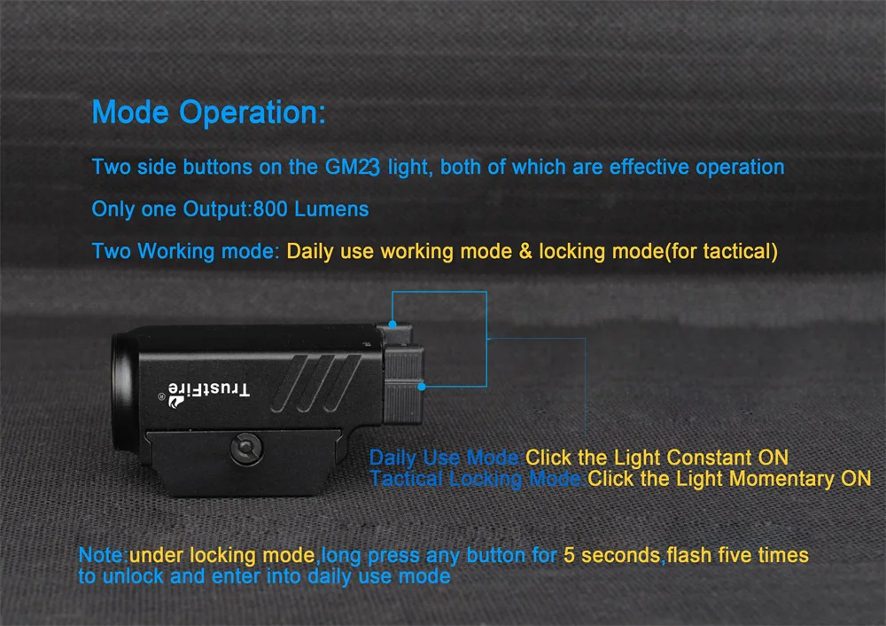 Trustfire GM23 Tactical Led Flashlight 800LM Rail Mounted USB Rechargeable Quick Release Light for Taurus Glock 17 19 TX2