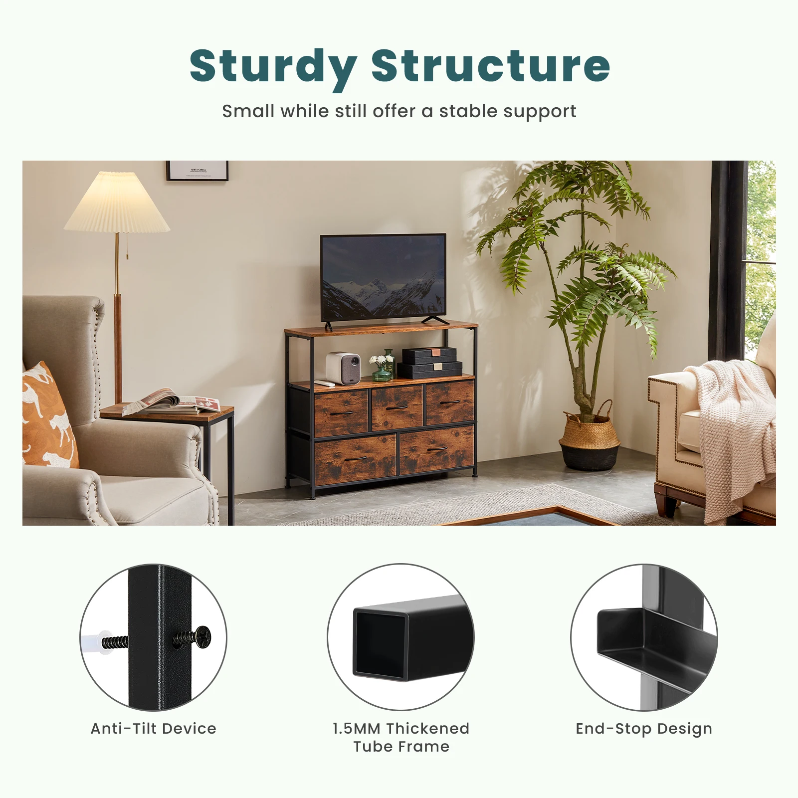 JHK Fireplace TV Stand Dresser For Bedroom With 5 Fabric Drawers Storage Closet Chest Clothes Storage Display Cabinet Furniture