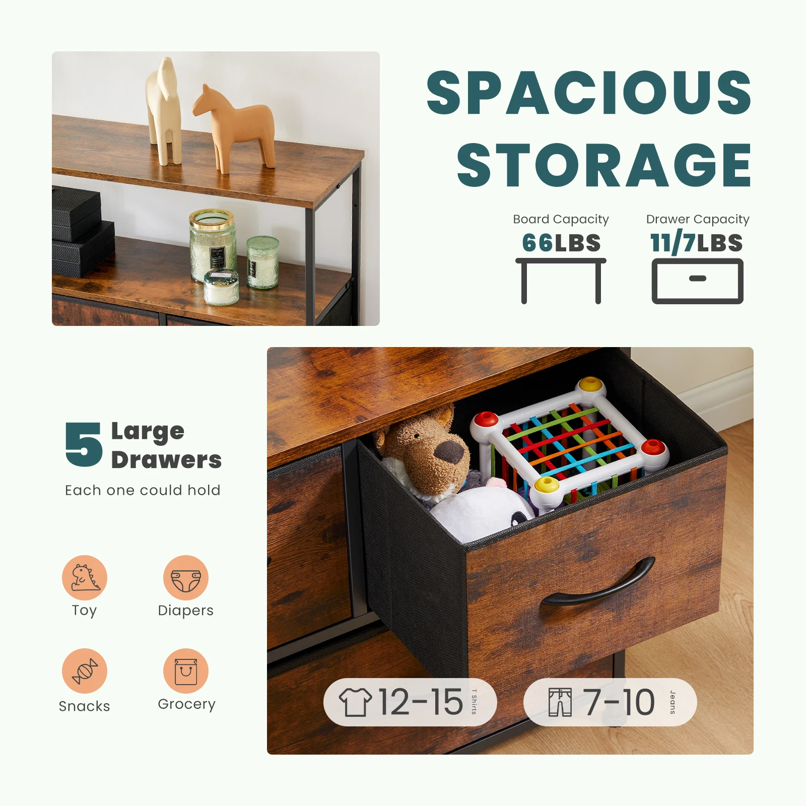 JHK Fireplace TV Stand Dresser For Bedroom With 5 Fabric Drawers Storage Closet Chest Clothes Storage Display Cabinet Furniture