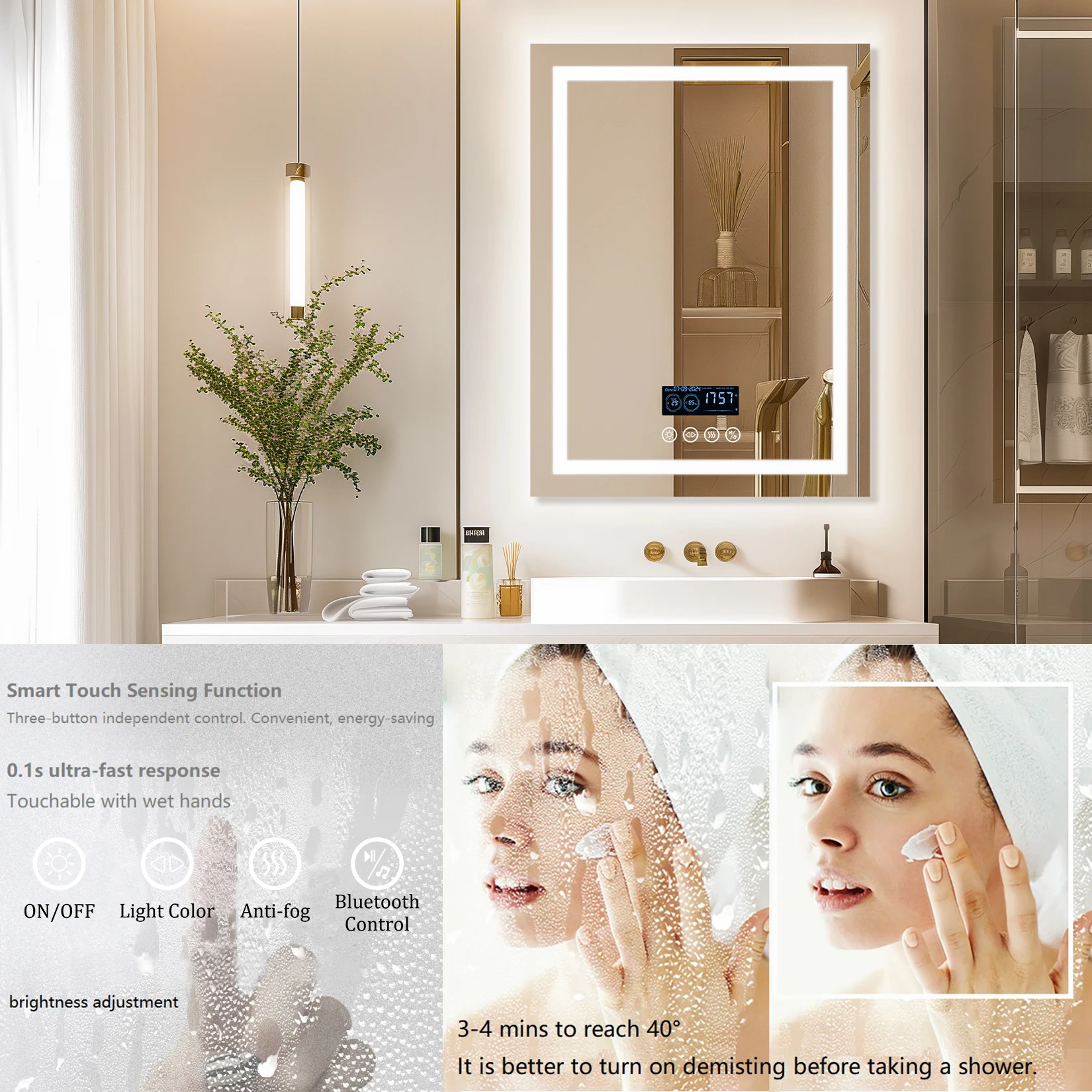 Wisfor 28x36 Lighted Bathroom Mirror with Bluetooth Speaker Smart LED Vanity Makeup Wall Mounted Mirrors 3 Lights Anti-Fog Touch