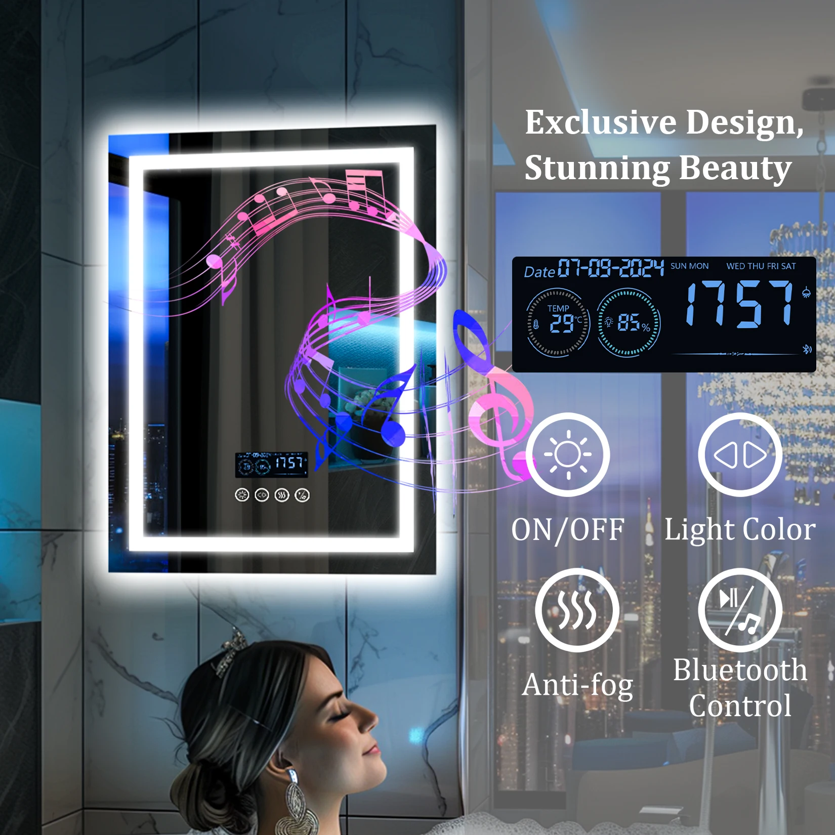 Wisfor 28x36 Lighted Bathroom Mirror with Bluetooth Speaker Smart LED Vanity Makeup Wall Mounted Mirrors 3 Lights Anti-Fog Touch