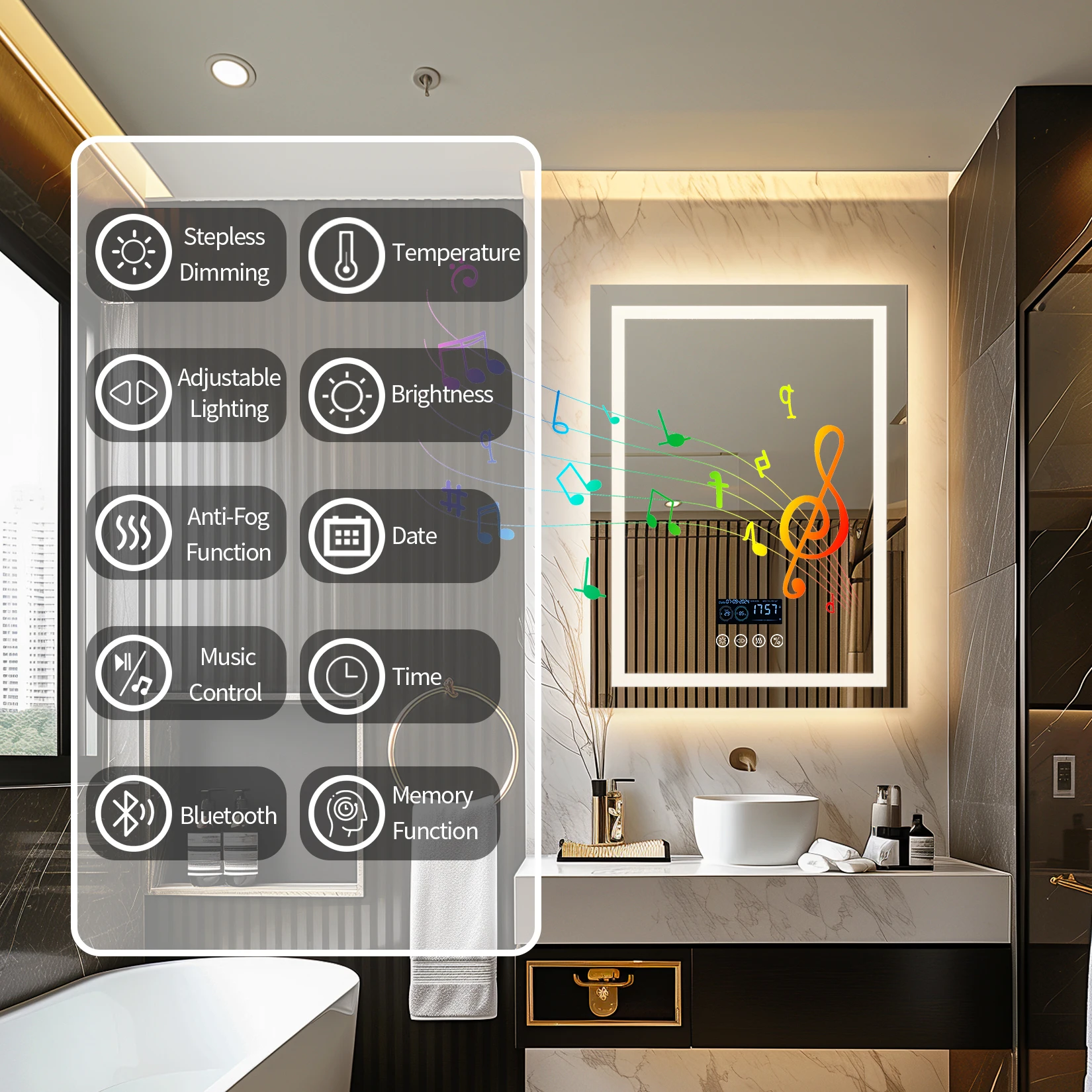 Wisfor 28x36 Lighted Bathroom Mirror with Bluetooth Speaker Smart LED Vanity Makeup Wall Mounted Mirrors 3 Lights Anti-Fog Touch