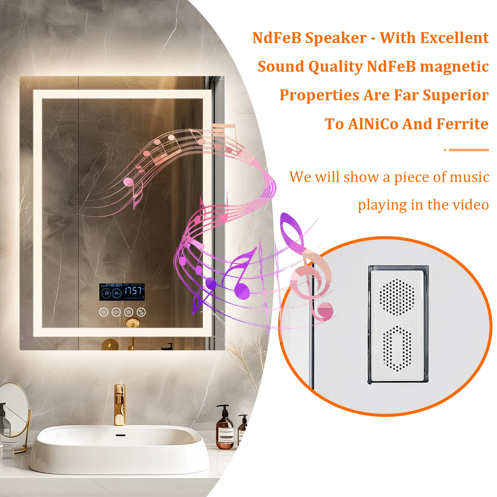 Wisfor 28x36 Lighted Bathroom Mirror with Bluetooth Speaker Smart LED Vanity Makeup Wall Mounted Mirrors 3 Lights Anti-Fog Touch