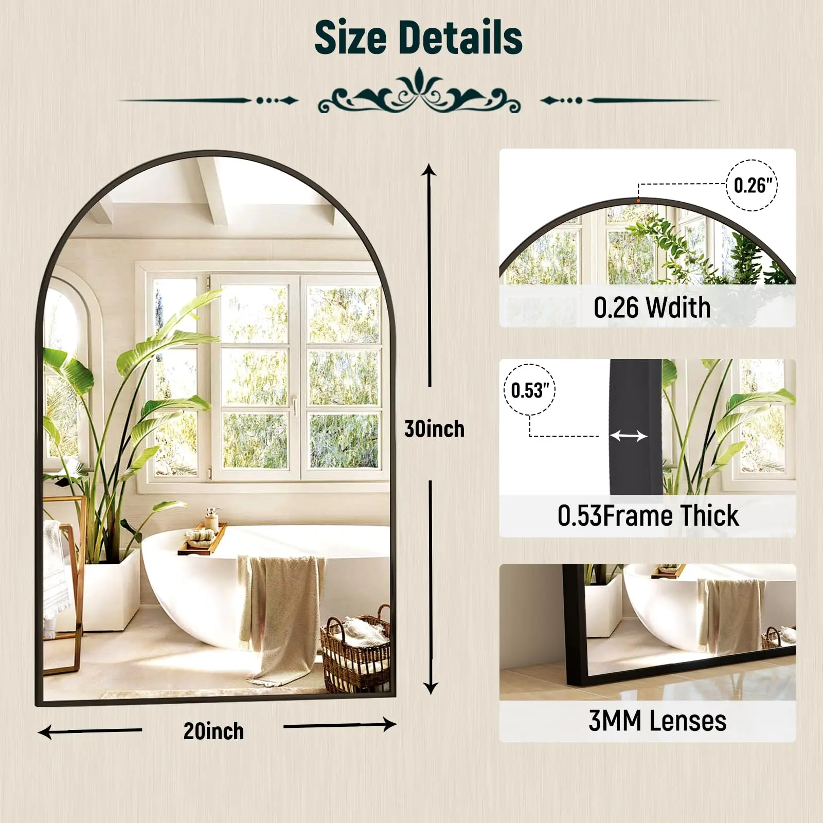 20x30 inch Arch Bathroom Mirror - Arched Bathroom Mirror/Wall Mounted Vanity Mirror - Arch Metal Frame Wall Mirror