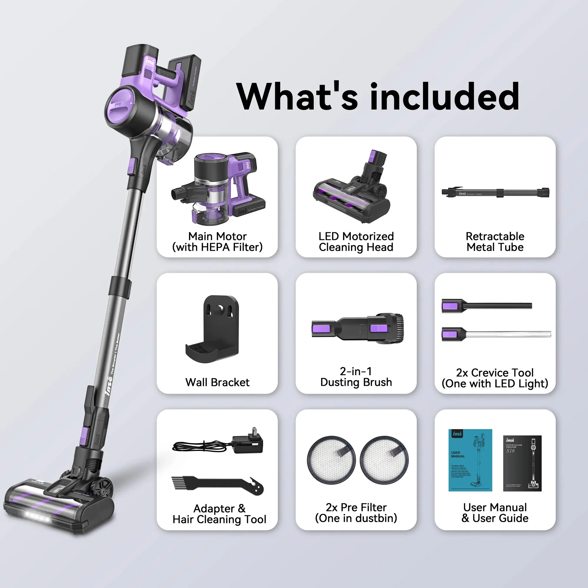 INSE S10 Cordless Vacuum Cleaner 45Kpa Powerful 6-in-1 Stick Vacuum Up to 50Min Runtime Rechargeable Battery for Carpet Pet Hair
