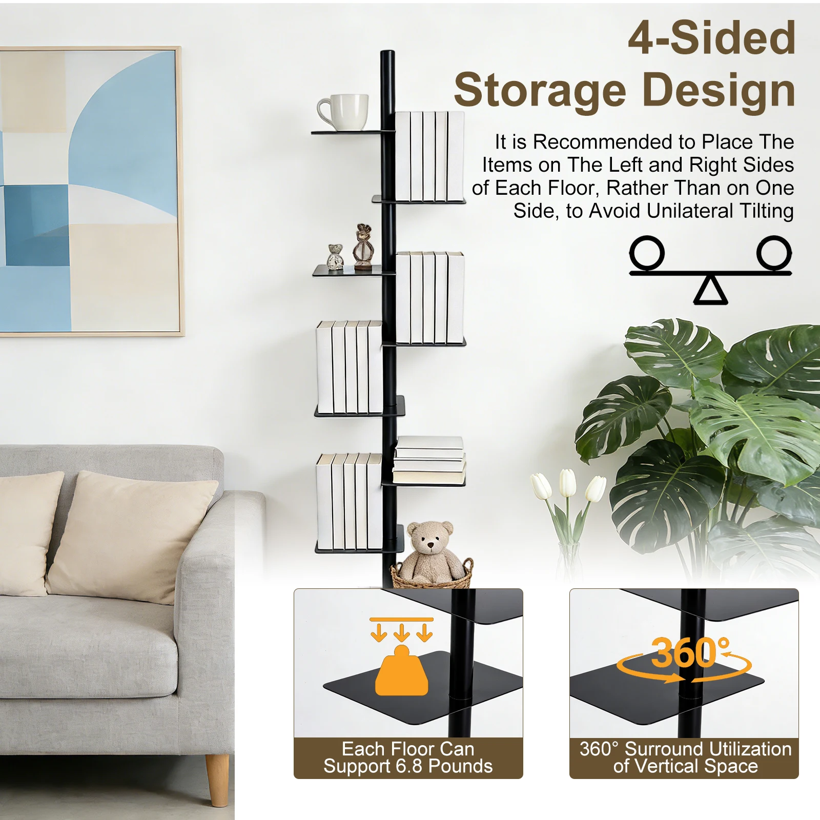 9 Tier Metal Bookshelf Vertical Spine Bookshelf, Black 360 Display Organizer, Adjustable Tall Book Tower for Bedroom Living