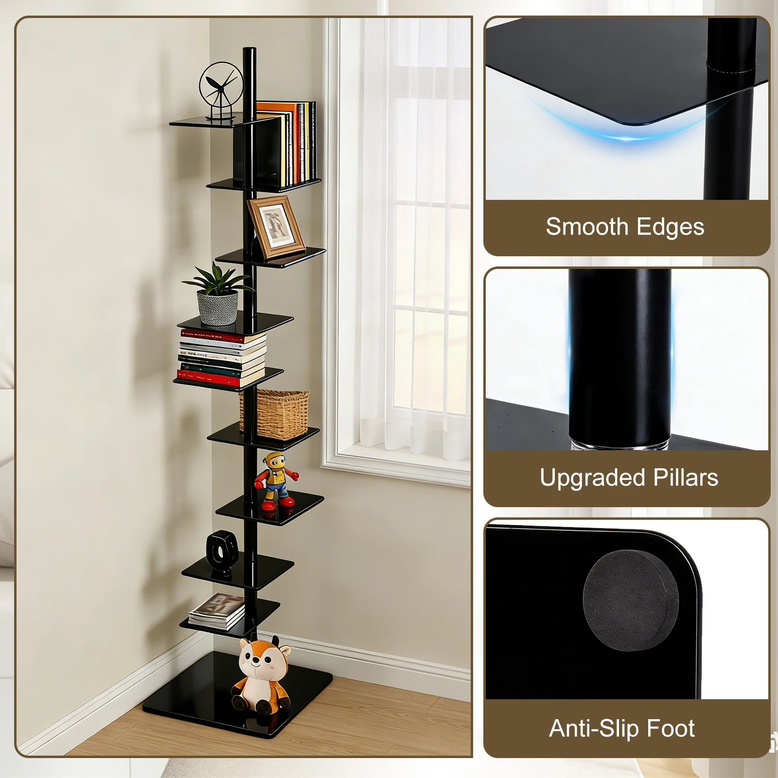 9 Tier Metal Bookshelf Vertical Spine Bookshelf, Black 360 Display Organizer, Adjustable Tall Book Tower for Bedroom Living