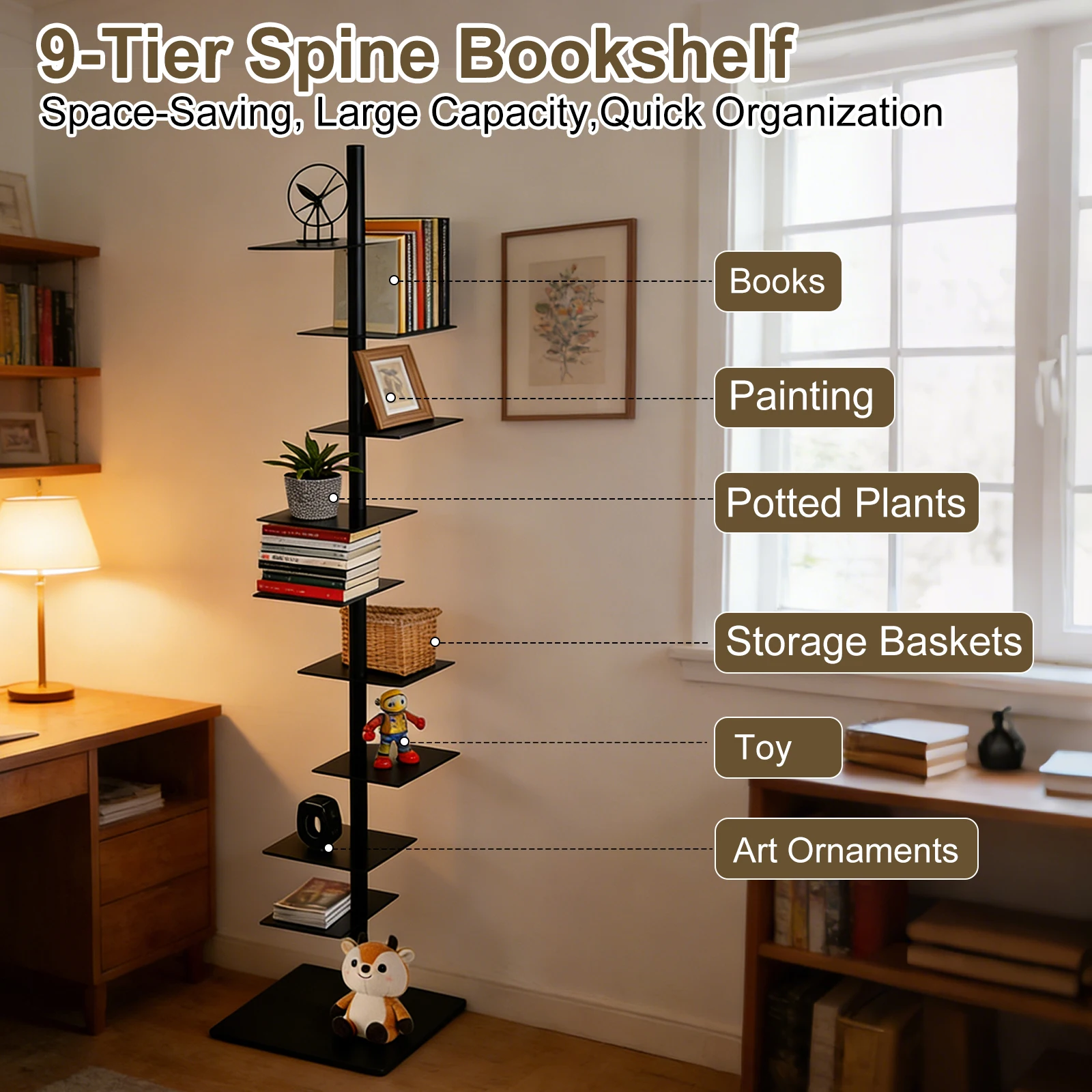 9 Tier Metal Bookshelf Vertical Spine Bookshelf, Black 360 Display Organizer, Adjustable Tall Book Tower for Bedroom Living