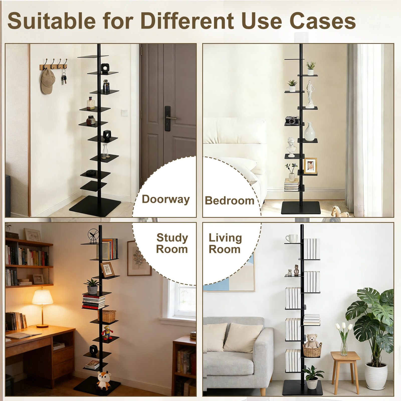 9 Tier Metal Bookshelf Vertical Spine Bookshelf, Black 360 Display Organizer, Adjustable Tall Book Tower for Bedroom Living