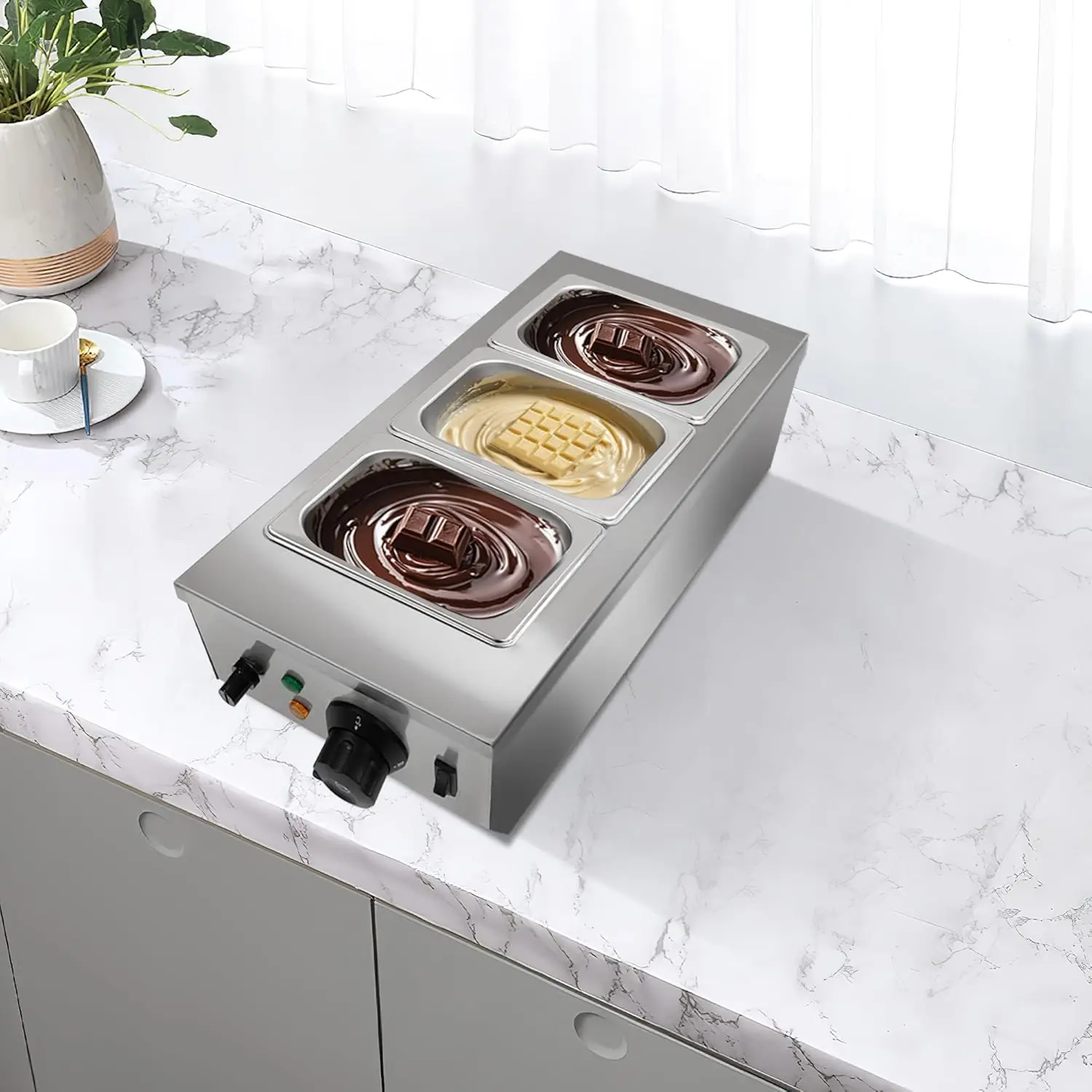 Chocolate Melting Machine, 2/3 Tanks Stainless Steel Chocolate Tempering Machine with Lid,Electric Commercial Food Warmer