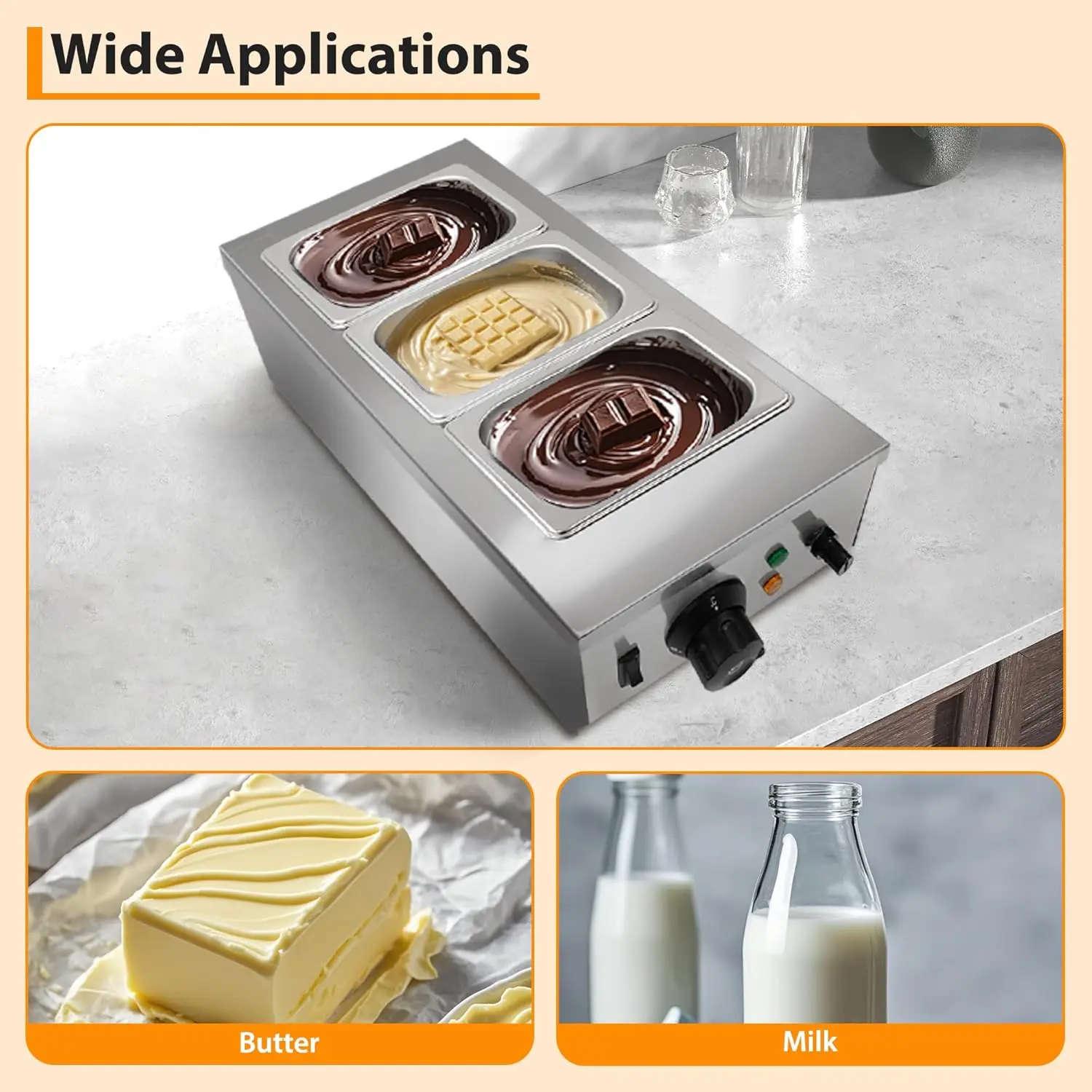 Chocolate Melting Machine, 2/3 Tanks Stainless Steel Chocolate Tempering Machine with Lid,Electric Commercial Food Warmer
