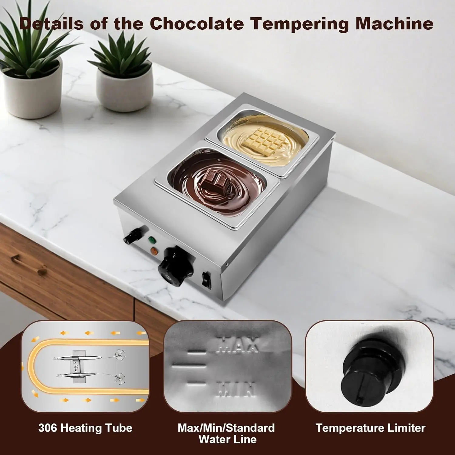 Chocolate Melting Machine, 2/3 Tanks Stainless Steel Chocolate Tempering Machine with Lid,Electric Commercial Food Warmer