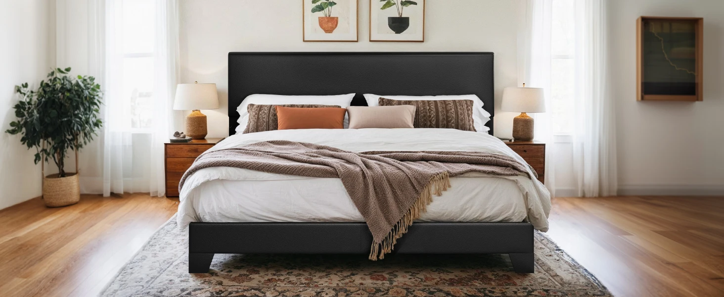 HOOMIC Full/Queen/King Upholstered Bed Frame with Adjustable Linen Headboard, Sturdy Wood Slats & Quiet Support