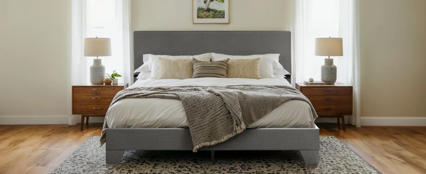 HOOMIC Full/Queen/King Upholstered Bed Frame with Adjustable Linen Headboard, Sturdy Wood Slats & Quiet Support