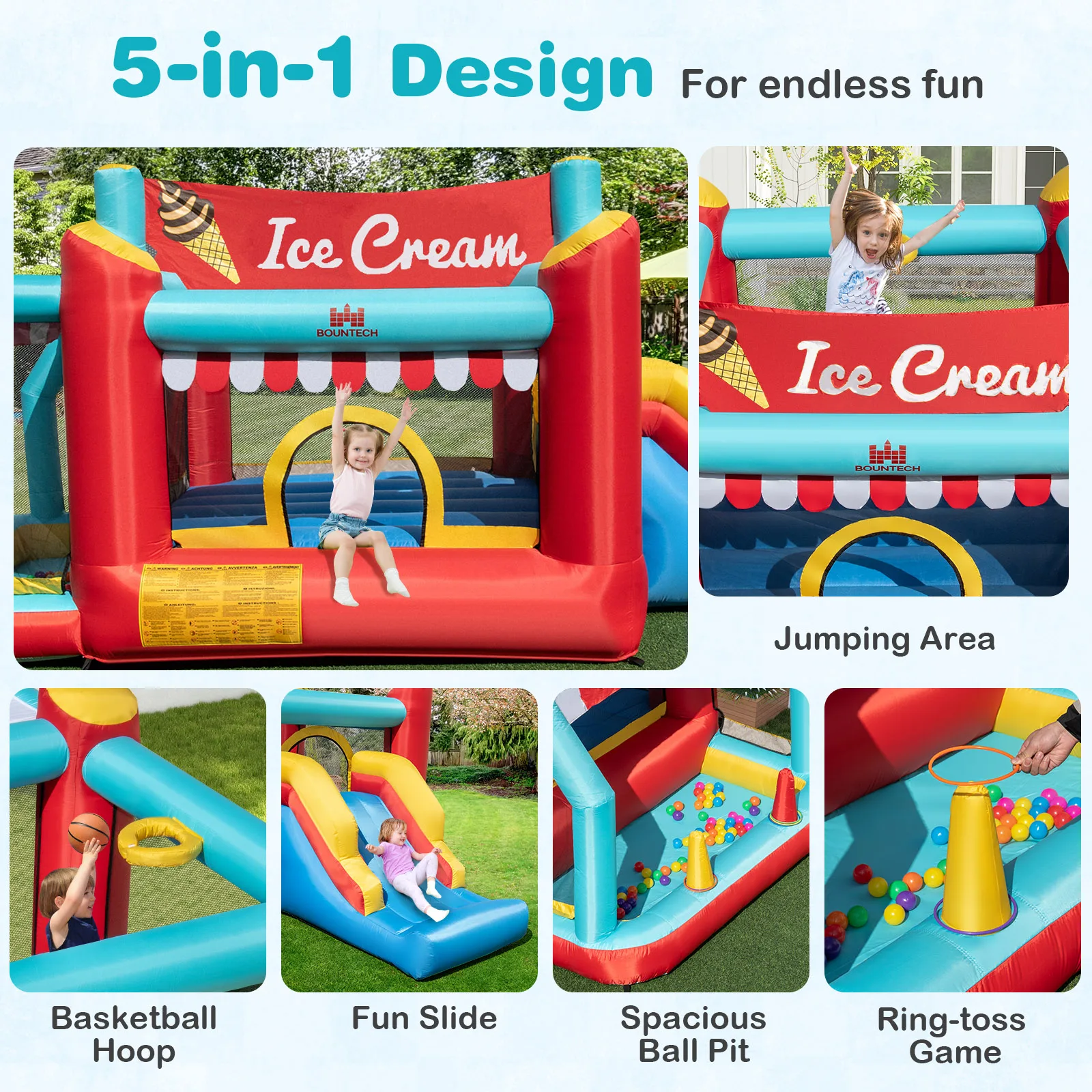 Inflatable Bounce House 5-in-1 Ice Cream Jumping Castle Blower Not Included