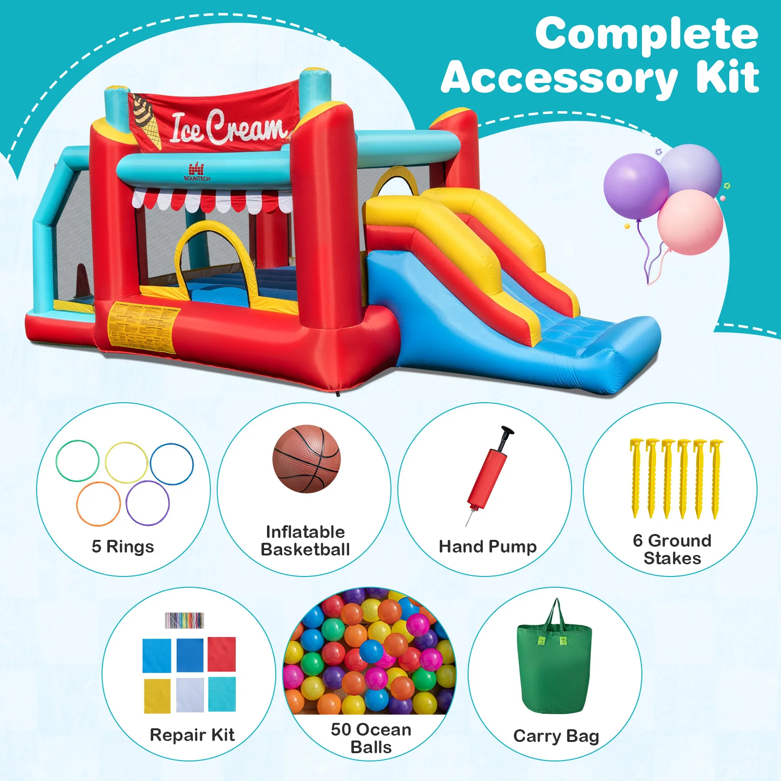 Inflatable Bounce House 5-in-1 Ice Cream Jumping Castle Blower Not Included
