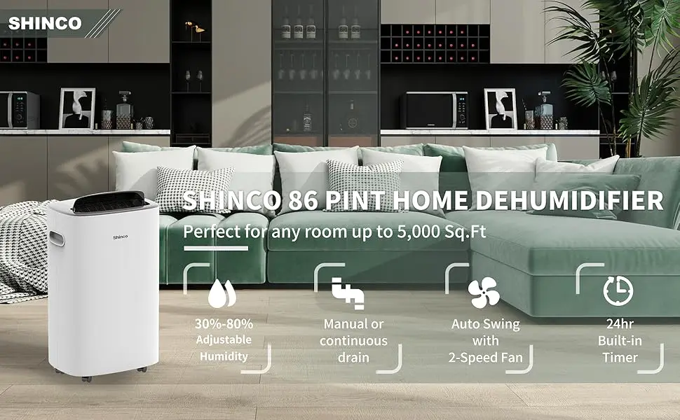 Shinco 86 Pints Dehumidifier for Home and Basements, 5000 Sq.Ft Dehumidifiers with Drain Hose, Auto or Manual Drainage