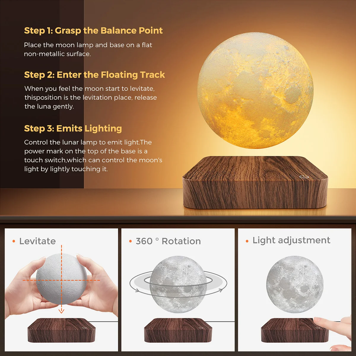 Magnetic Floating Rotating Moon Lamp with Wooden Base, 3 Color Temperature LED Night Lights of Print 3D for Unique Gifts, Room