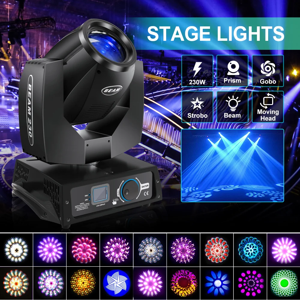 U'King 230W Beam 7R Moving Head Stage Light 16CH DMX512 Sound Activated 16 Gobos Effect Lighting for DJ Concert Party Nightclub