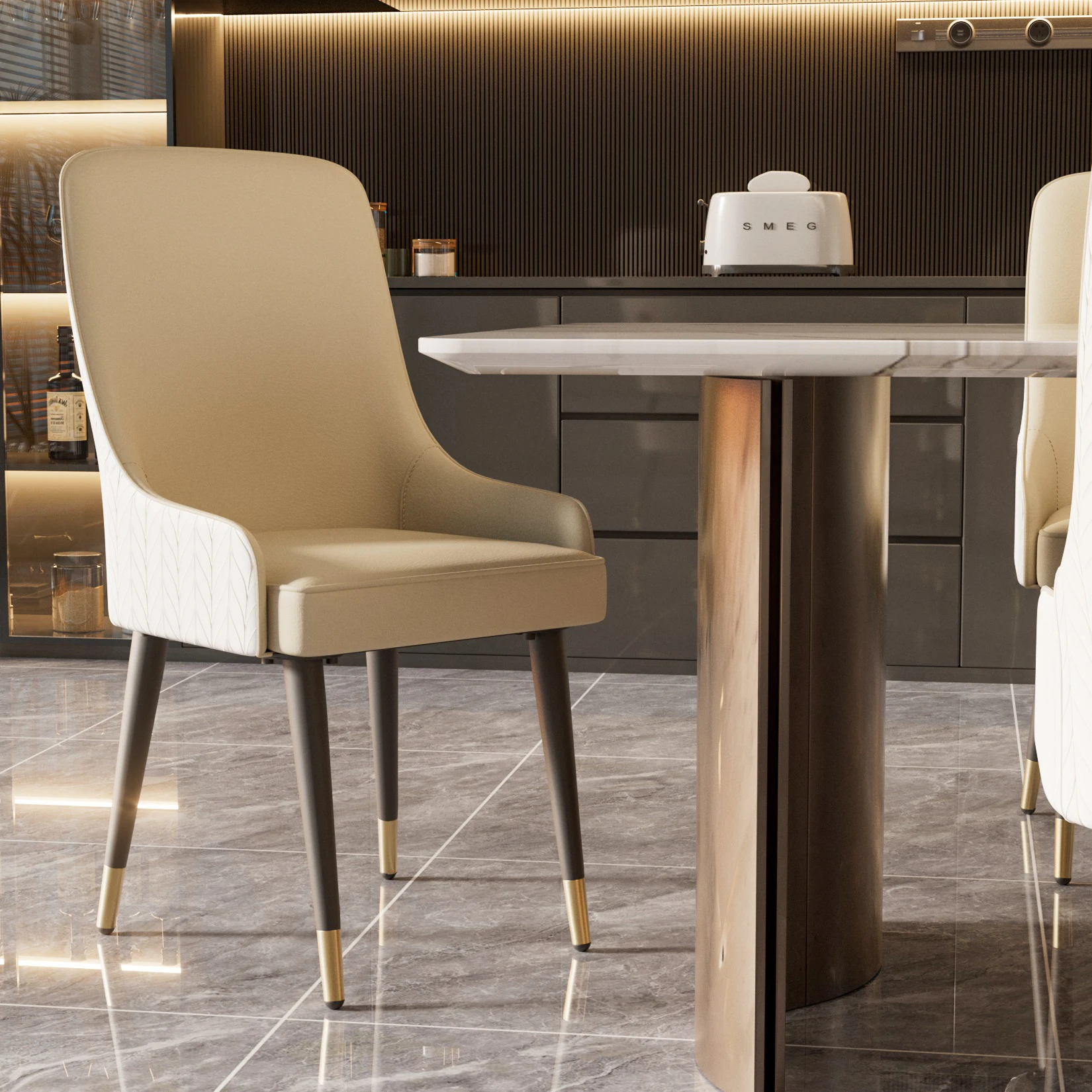 Modern PU Leather Set of 2 Dining Chairs with Metal Legs High Tufted Back Lion Head Pull Ring