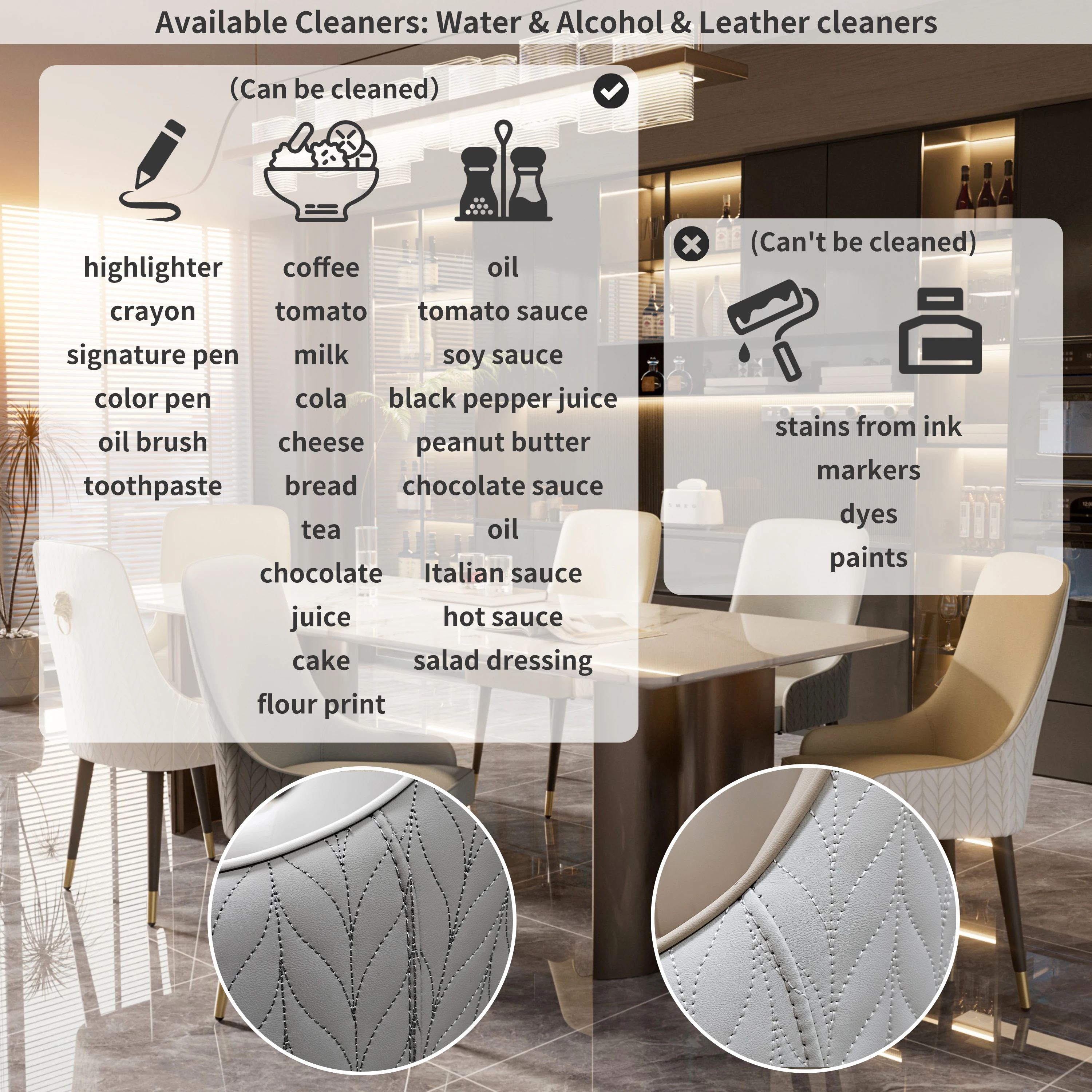 Modern PU Leather Set of 2 Dining Chairs with Metal Legs High Tufted Back Lion Head Pull Ring
