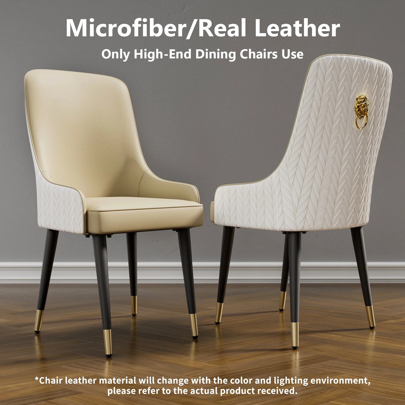 Modern PU Leather Set of 2 Dining Chairs with Metal Legs High Tufted Back Lion Head Pull Ring