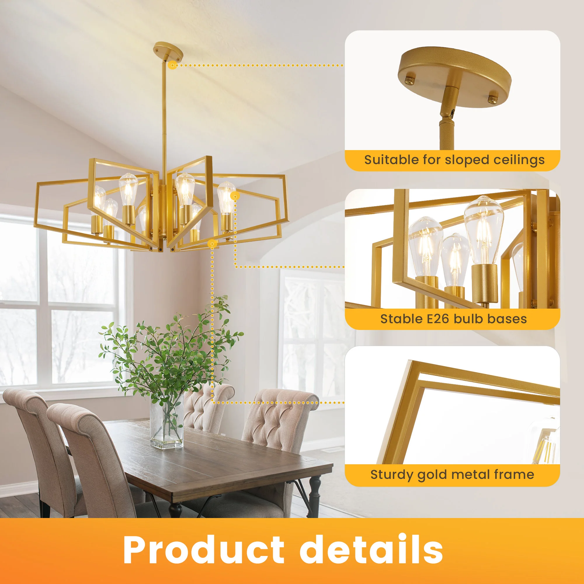 Modern 8-Light Geometric Chandelier Adjustable Height Metal Pendant Light with Black Frame & Golden Accents Ceiling Light Decor