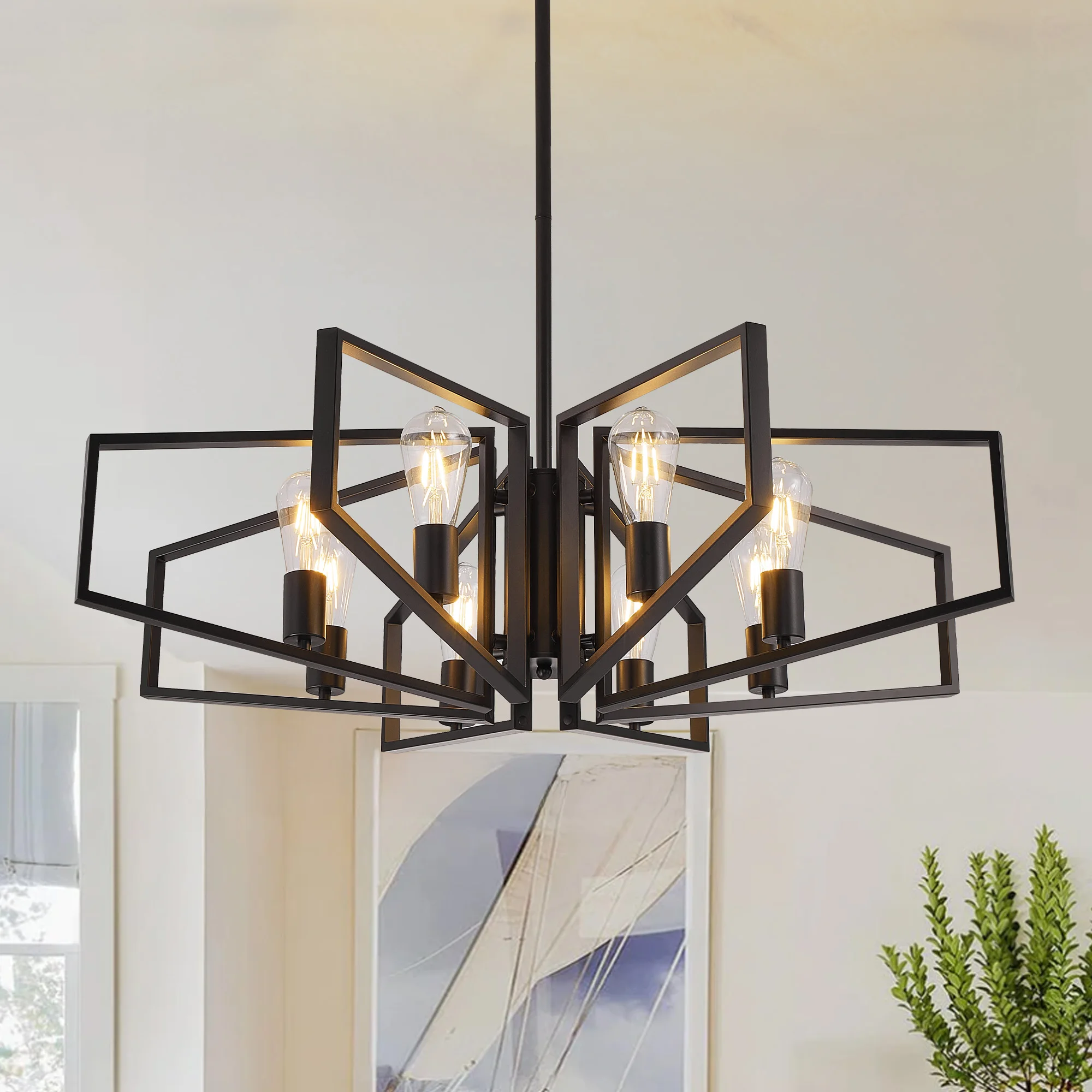 Modern 8-Light Geometric Chandelier Adjustable Height Metal Pendant Light with Black Frame & Golden Accents Ceiling Light Decor
