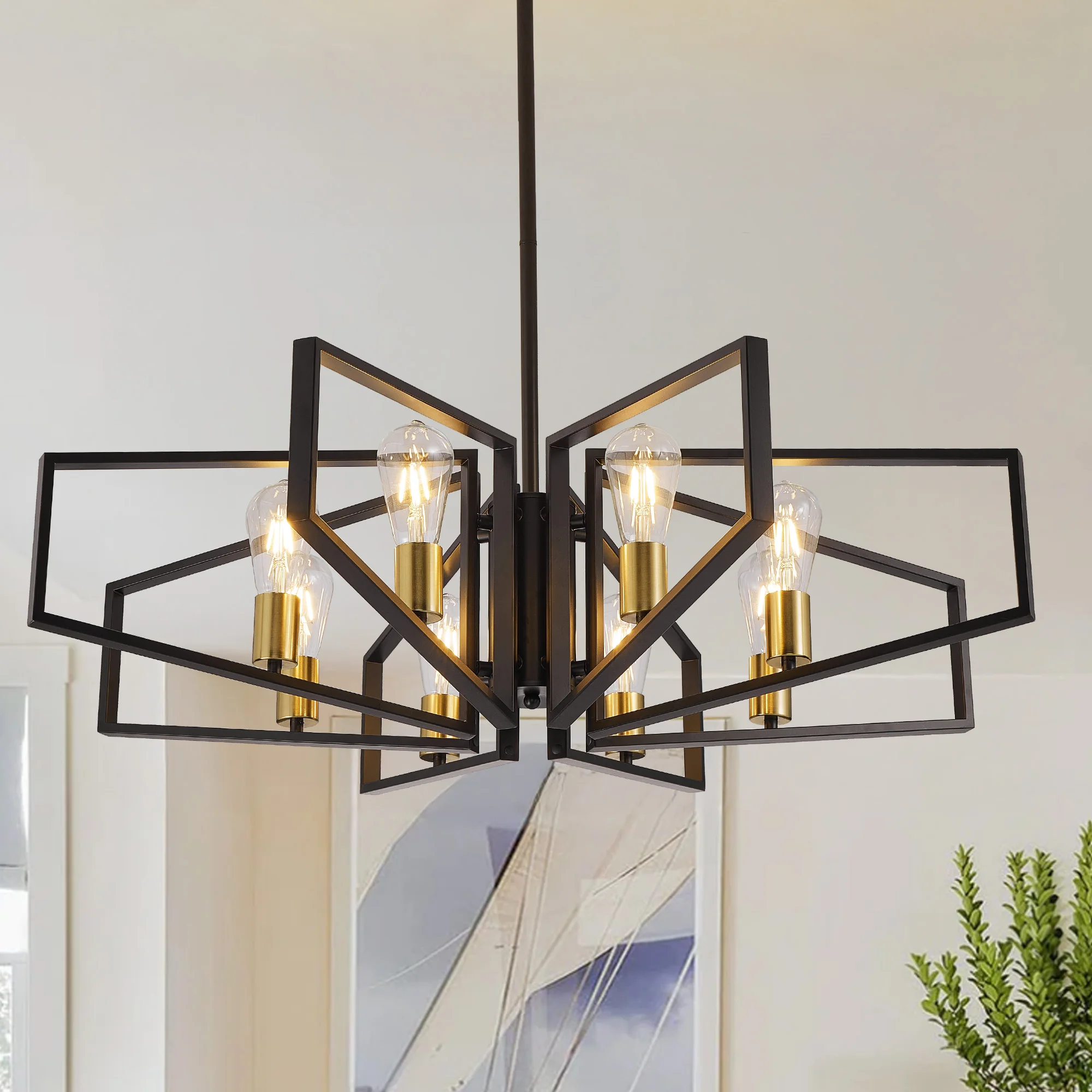 Modern 8-Light Geometric Chandelier Adjustable Height Metal Pendant Light with Black Frame & Golden Accents Ceiling Light Decor