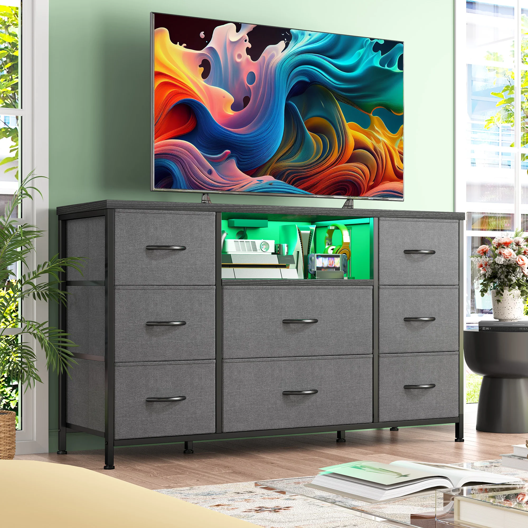 EnHomee 8-Drawer Media Dresser with LED Lighting & Built-in Charging Station - Fabric Storage Cabinet for 55" TVs, Ideal for Bedroom
