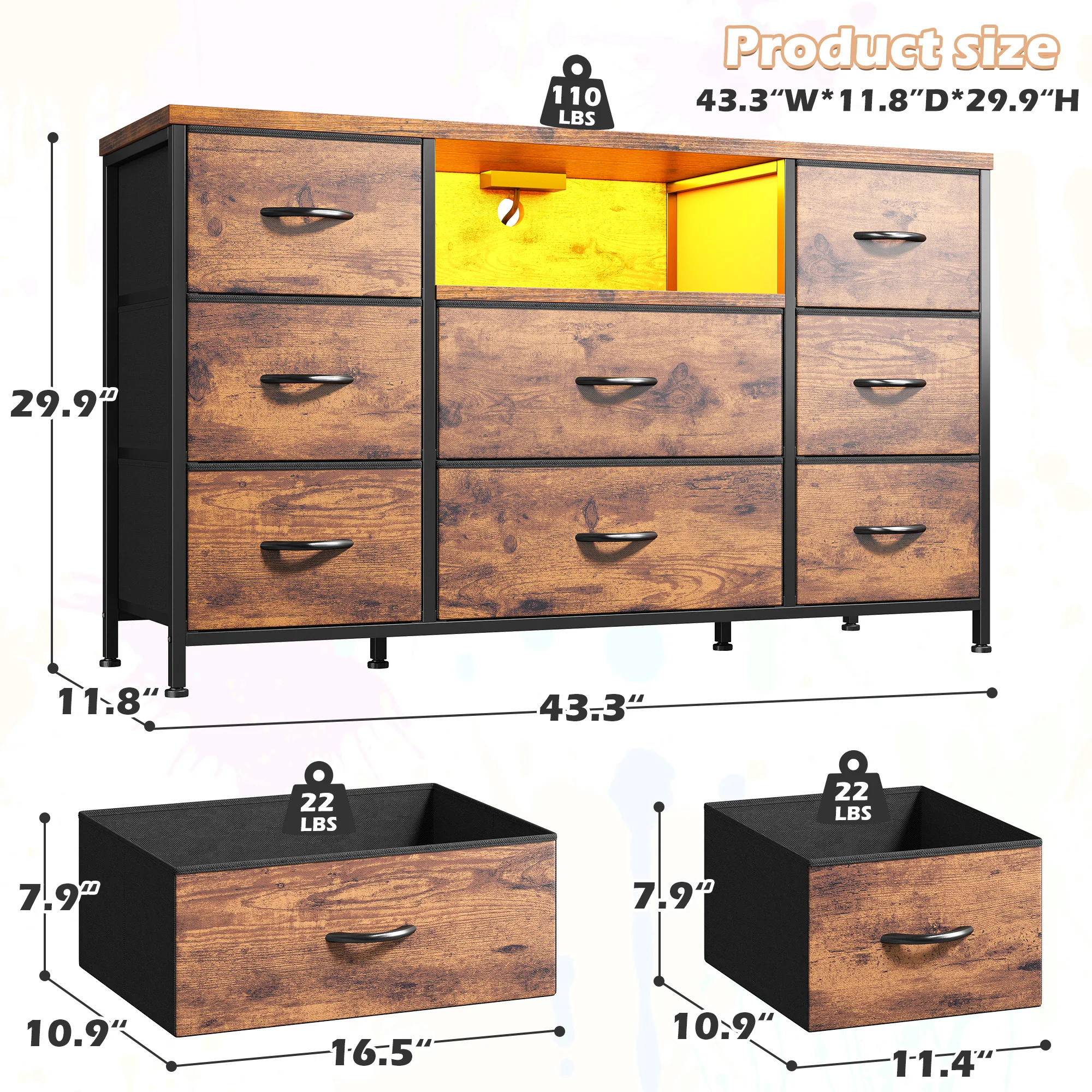 EnHomee 8-Drawer Media Dresser with LED Lighting & Built-in Charging Station - Fabric Storage Cabinet for 55" TVs, Ideal for Bedroom